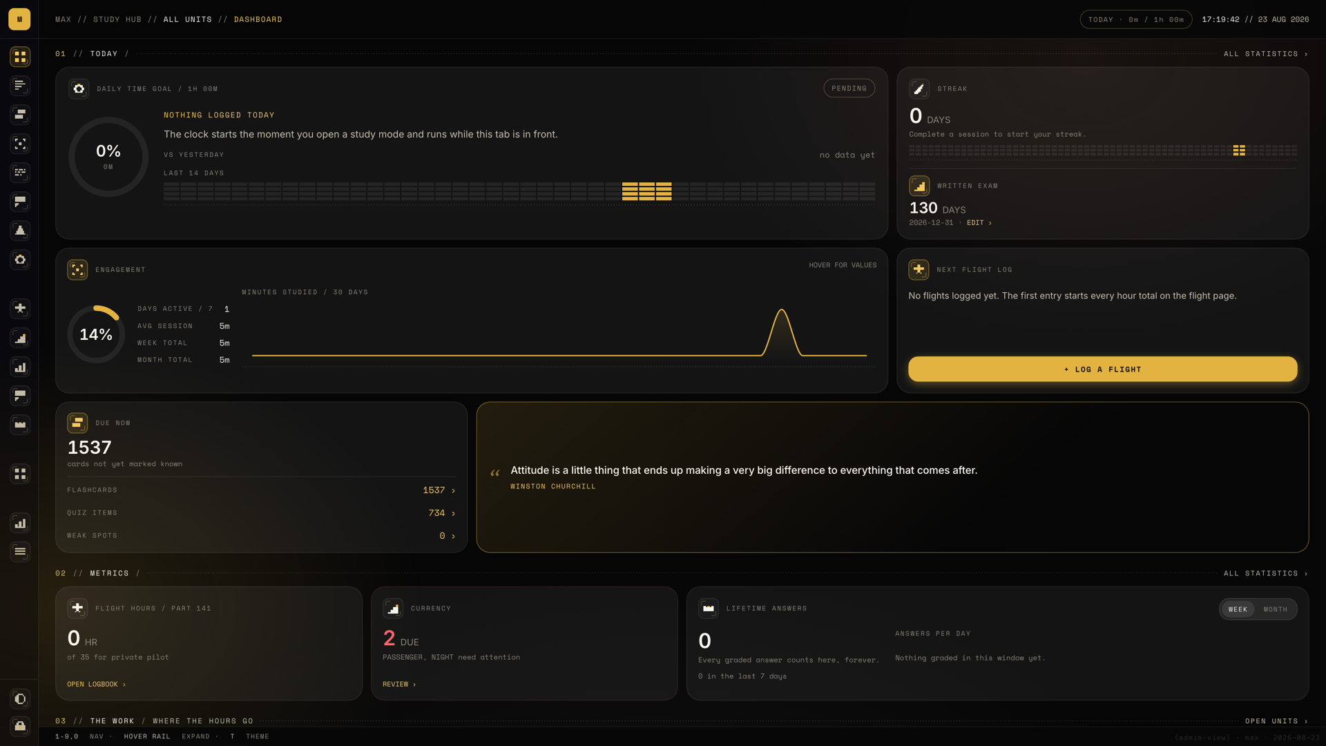 Dashboard: the daily goal ring, streak, due-today counts and the written exam countdown.